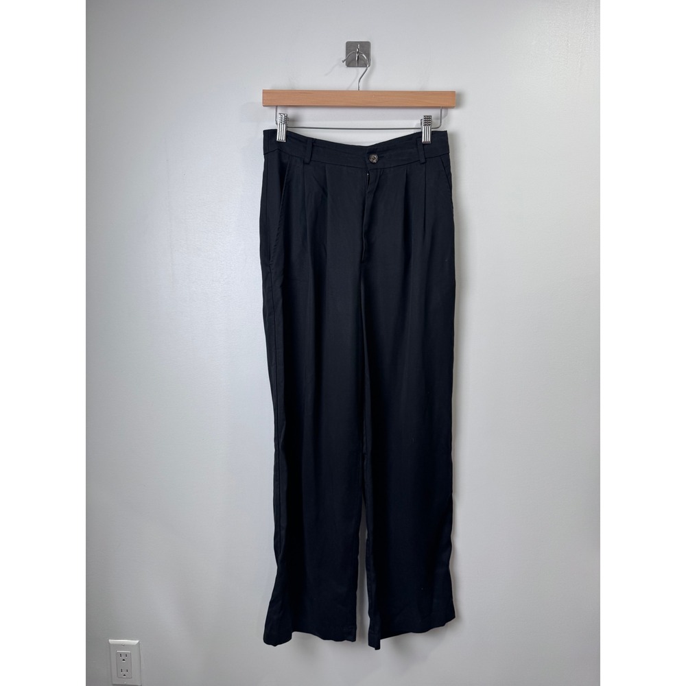 Reformation Women Mason Black Tencel Lyocell Pleated Wide Leg Trousers Size 2